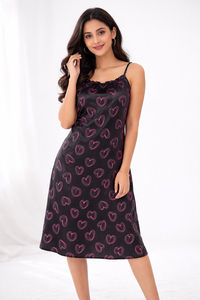 Zivame Satin Hearts Mid Length Nightdress - Black Beauty — thumbnail 1